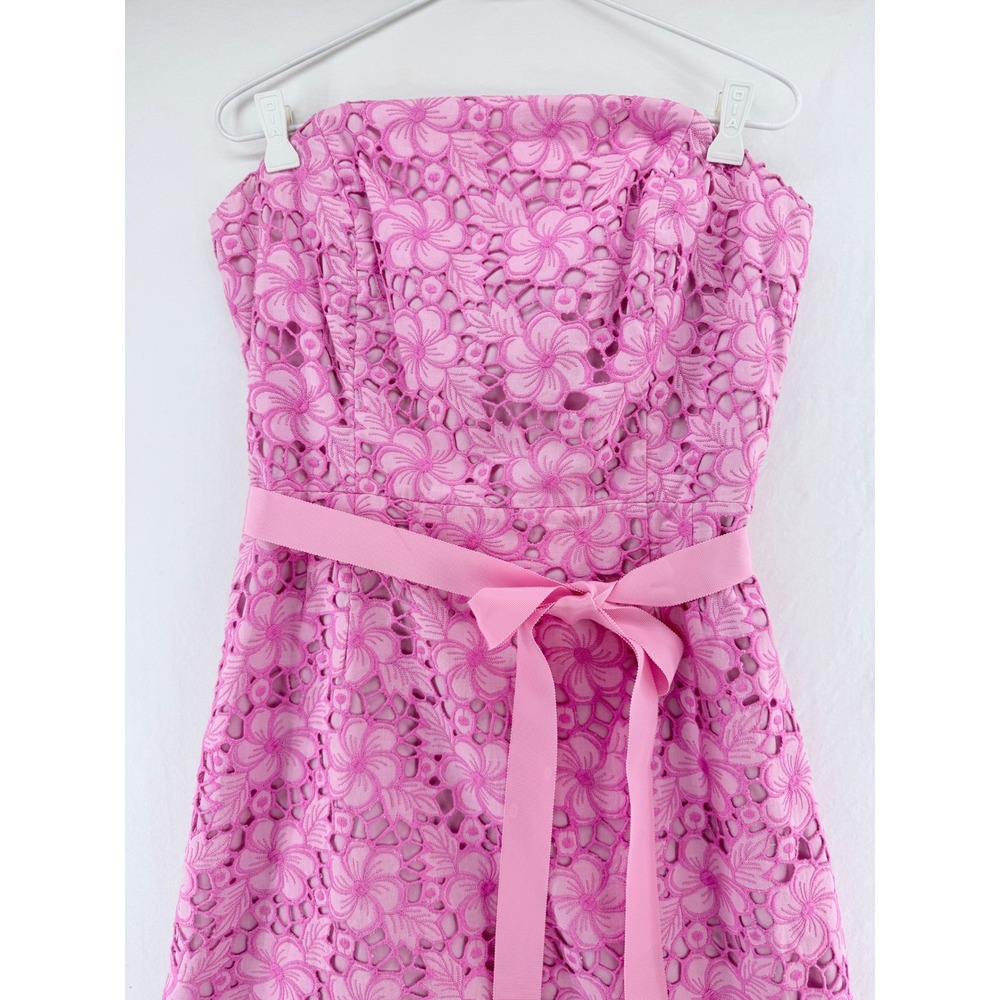 Lilly Pulitzer Pink Floral Eyelet‎ Lace Strapless Dress with Ribbon Belt Size 12 - Picture 1 of 9